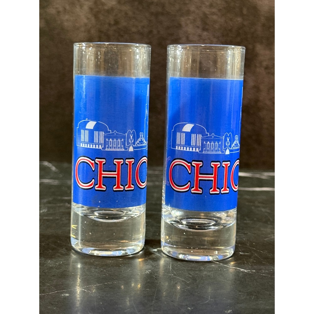 Vintage PAIR (2) Chicago Skyline Blue 4.25in Shot Glasses